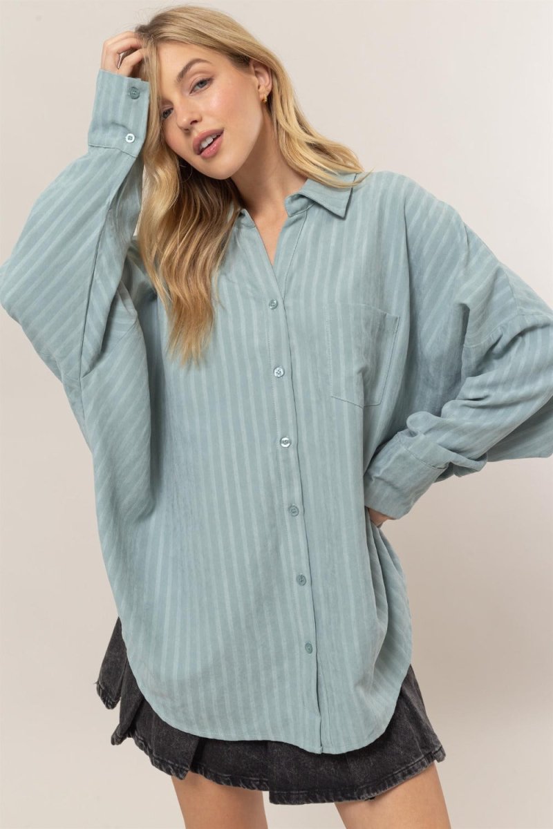 HYFVE Stripe Button Down Long Sleeve Oversized Shirt for Women - Love Salve